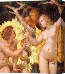 Eve Canvas Paintings - The Stanza Della Segnatura Ceiling Adam And Eve [detail 1] by Raphael